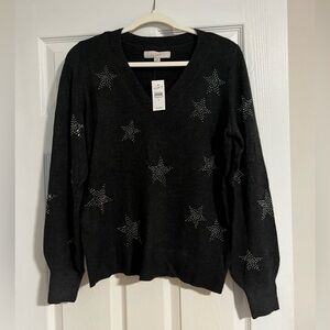 Loft, sequined star sweater. V-Neck, long sleeve.